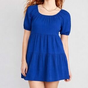 Old Navy Womens Blue Cotton Gauze Tiered Puff Sleeve Mini Swing Dress Small NWOT